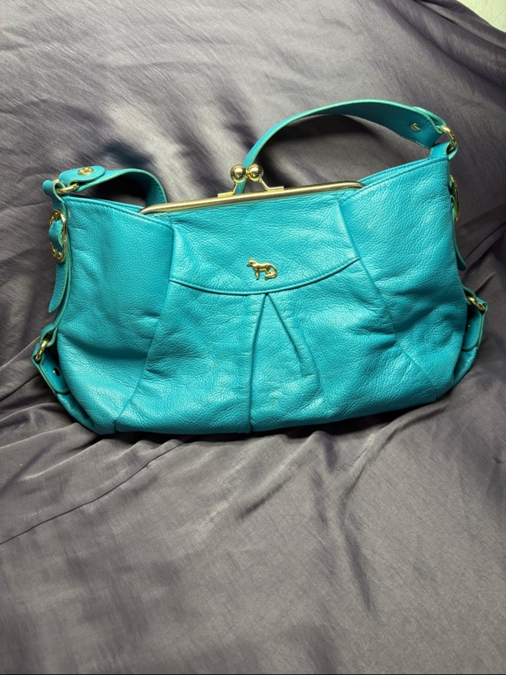 Emma Fox Teal Pebbled Leather Shoulder Bag with Gold Hardware
